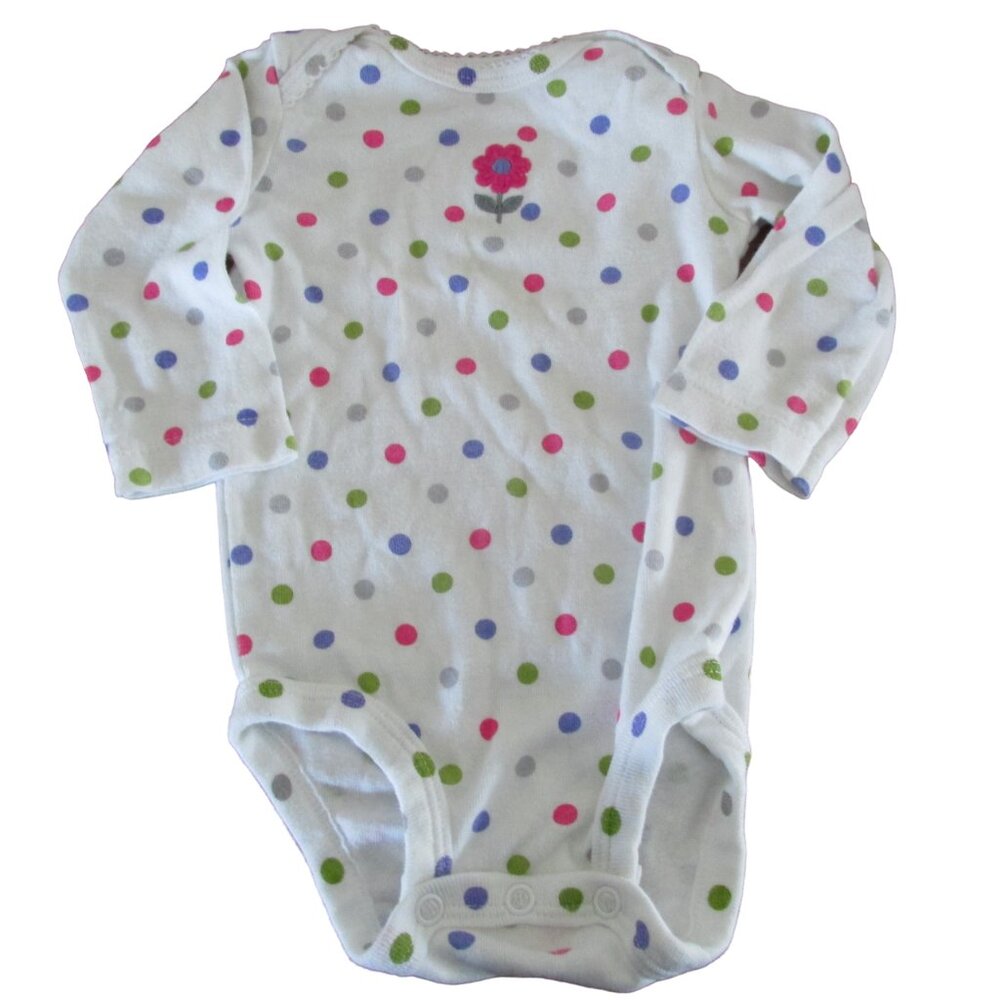 Carters 1‎ Pc Bodysuit Infant Girls 6M White Polka Dot Floral Long Sleeve Snap
